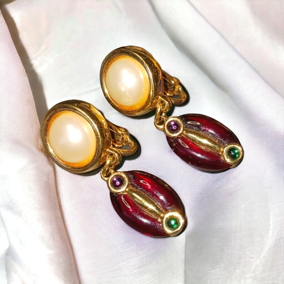 Swarovski Crystal and Pearl clip-on earrings multicolor Goldtone - Picture 6 of 6